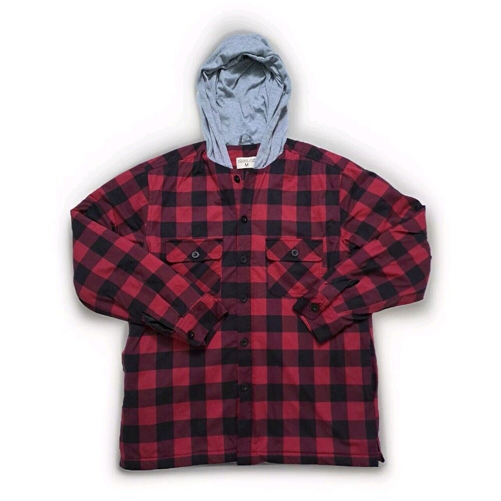 Plaid Flannel Men's Medium Jacket Hooded Quilted Lining Button Front Red Shacket